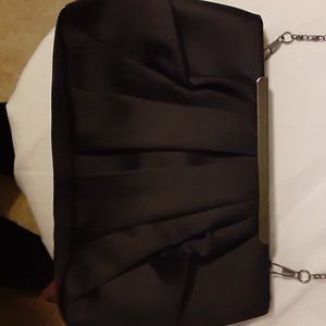 Small Black Fabric Evening Purse with dark silver chain, silver trim